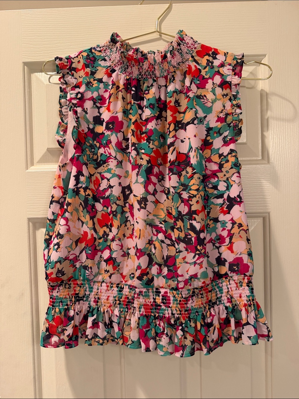 J. Crew Pink Multicolor Floral Smocked Ruffle Shell